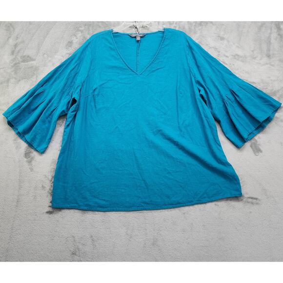 Market & Spruce Top Womens 2X Blue Linen Blend Ashlea Pleated Bell Sleeve V-Neck - Picture 1 of 11